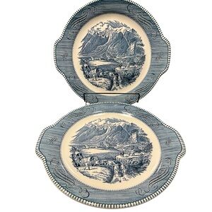 Vintage set of 2 Currier & Ives The  Rocky Mountains Handled Cake Plate 11.5"